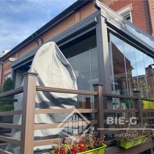 Фотографии выполненных работ компании «ABIE-GROUP» Алюминиевой перголы со сдвижным тентом, безрамным остеклением и zip системами. дер.Румянцево, поселение Московский, Москва