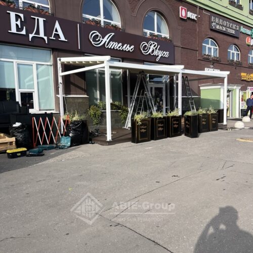 Фотографии выполненных работ компании «ABIE-GROUP» Алюминиевой перголы со сдвижным тентом и led подсветкой. г.Москва