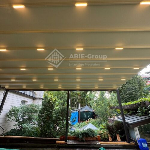 Фотографии выполненных работ компании «ABIE-GROUP» Алюминиевой перголы со сдвижным тентом и led подсветкой. г.Москва
